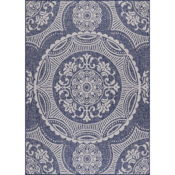 Beverly Rug Waikiki Blue/White 4 ft. x 6 ft. Medallion Indoor/Outdoor Area Rug