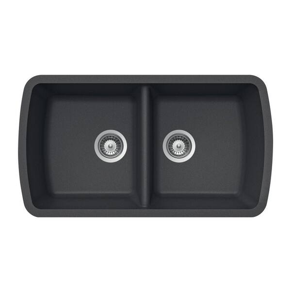 HOUZER Solido Series Undermount Granite 33x18.938x9.5 0-hole Double Basin Kitchen Sink in Nero