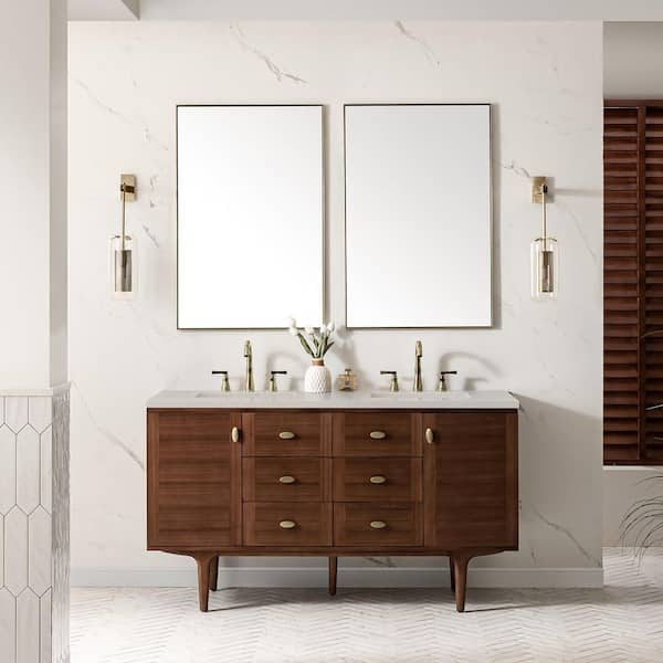 Amberly 60.0 in. Double Bath Vanity in Mid-Century Walnut with Siberian Wireless Charging Quartz Top