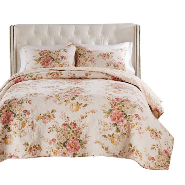 Givi Beige Buttercup Floral Pattern Cotton Full/Queen Quilt (Set of 3)