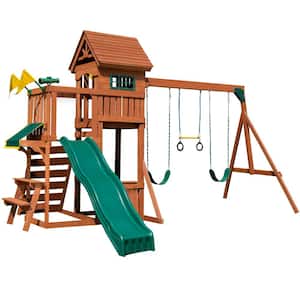 Playful Palace Wood Complete Backyard Swing Set with Wave Slide, Picnic Table, Swings, and Playset Accessories
