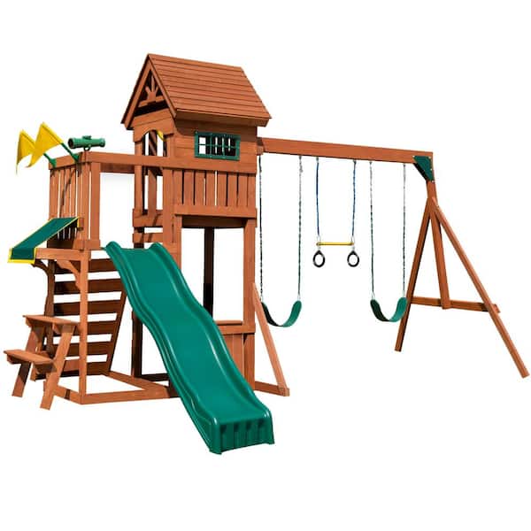 Swing-N-Slide Playsets Playful Palace Complete Wooden Outdoor Playset with Slide, Picnic Table, Swings, and Backyard Swing Set Accessories