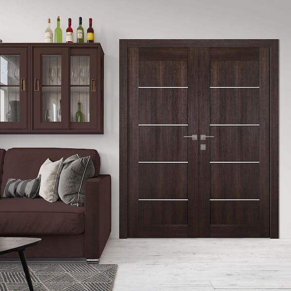 Belldinni Vona 01 2HN Gold 30 in. x 80 in. Left-Handed Solid Core Veralinga Oak Textured Wood Single Prehung Interior Door, Dark Brown/Veralinga Oak