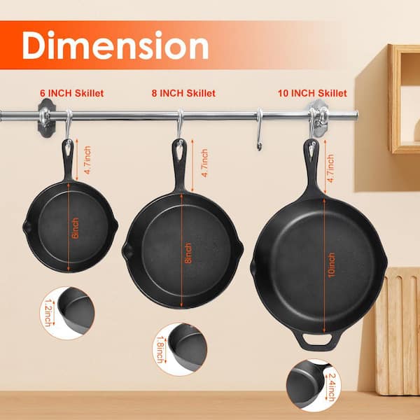 3-Piece Cast Iron Skillet Set w/ Heat Resistant Holders and Oil Brush-6 in.,8 in.,10 in.-Durable for Cooking and Frying
