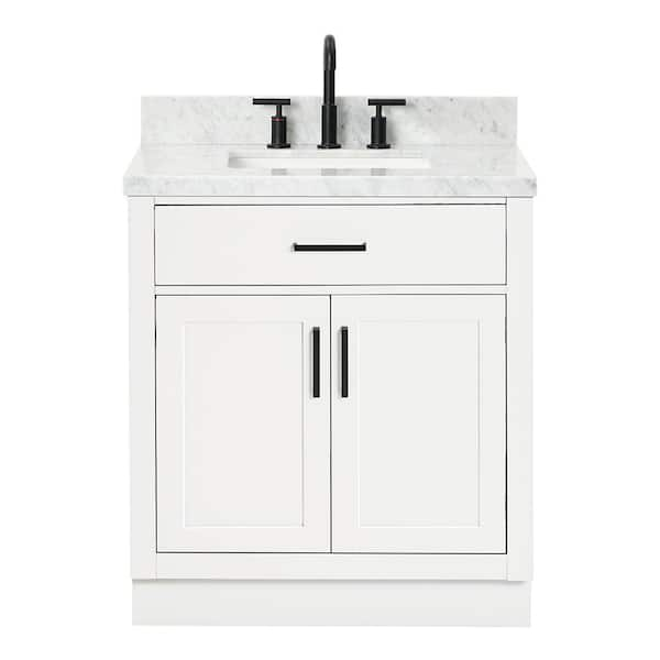 Hepburn 30 in. W x 22 in. D x 36 in. H Bath Vanity in White with Carrara Marble Vanity Top in White with White Basin