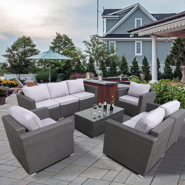 Tenleaf Gray 8-Piece Wicker PE rattan Outdoor Sectional Set with Light Gray Cushion