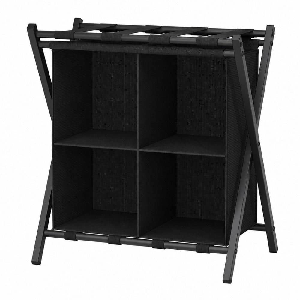 Black Foldable Luggage Rack with 4 Storage Cells, Heavy Duty Steel Stand Holds Up to 120 lbs for Guest Room, Hotel