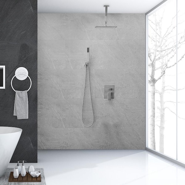Single Handle 2-Spray Shower Faucet 2.5 GPM with 16 in. Ceiling Shower Head Easy to Install in Black (Valve Included)