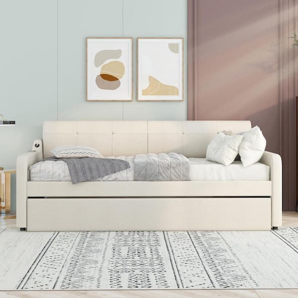Beige Twin Upholstery Daybed with Flat/Erected Trundle and USB Charging Design