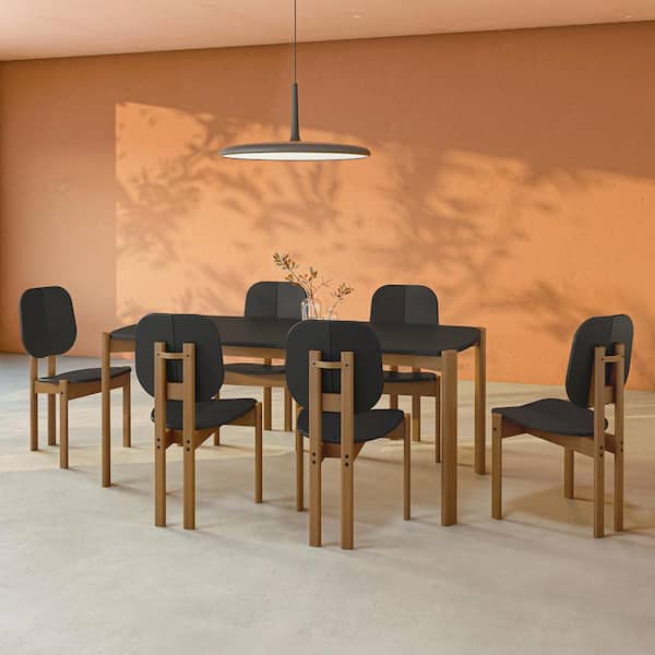 Manhattan Comfort Gales 7-Piece Mid-Century Modern Rectangle Matte Black MDF Wood Top Dining Room Set Seats 6