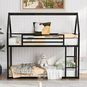 Black Twin over Twin House Bunk Bed with Built-in Ladder