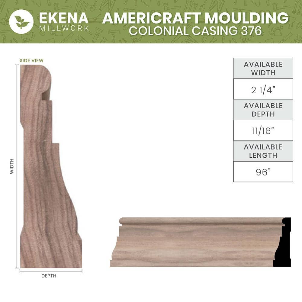 Maple Colonial Solid Hardwood Stain Grade Casing Moulding, 96" Length