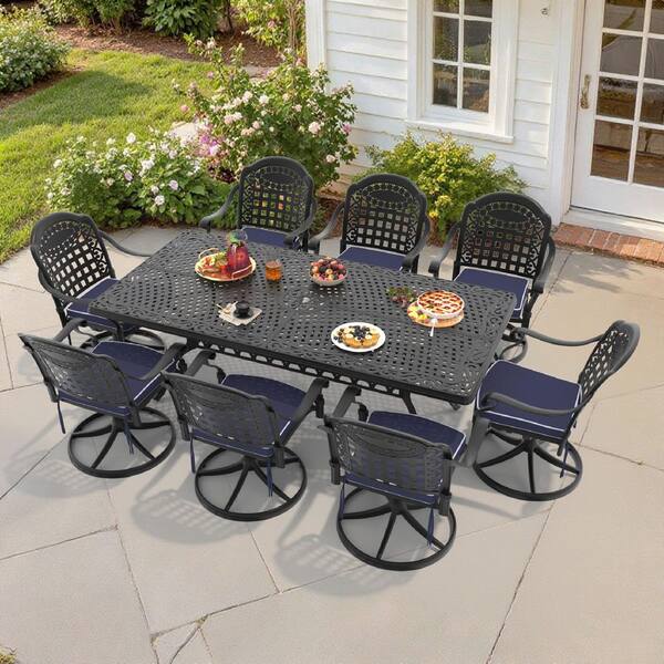 Vintage 9-Piece Cast Aluminum Patio Outdoor Dining Set with Rectangular Dining Table,8 Swivel Chairs and 8 Red Cushions