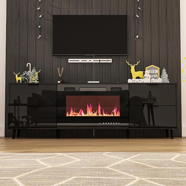 FUFU&GAGA 70.8 in. W Freestanding Electric Fireplace TV Stand Media Console in Black with 4