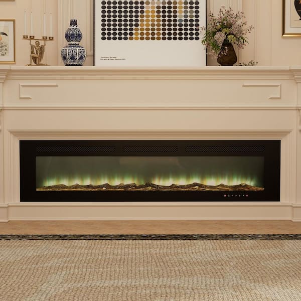 72 in. Wall Mounted/Embedded Electric Fireplace Insert with Crystal Glass Stone and Log Set