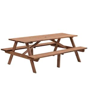 Outdoor Camping 8-Person Rectangular Wooden Brown Picnic Table with 2 Benches and Umbrella Hole for DIY