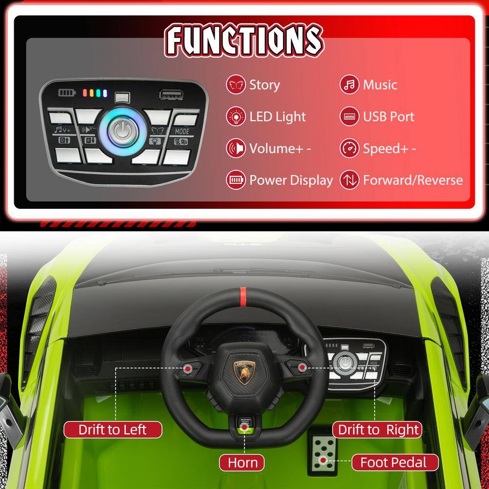 Green 12V Lamborghini STO Kids Electric Ride-On Car with Remote