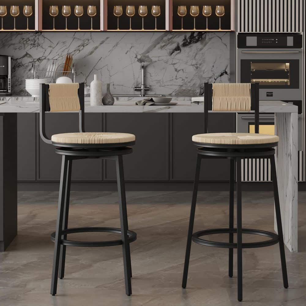 Xavia Modern 26.77 in. H Cream White Swivel Metal Frame Counter Height Bar Stools with Paper Rope Seat, Set of 2 price history on PriceWatchPro
