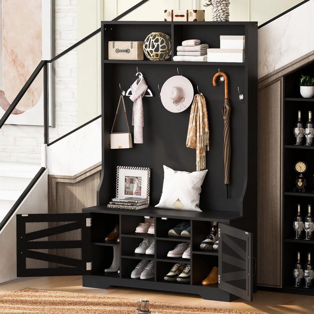 Modern 43.3 in. Black Wood Entryway Bench Adjustable Shelves 3-in