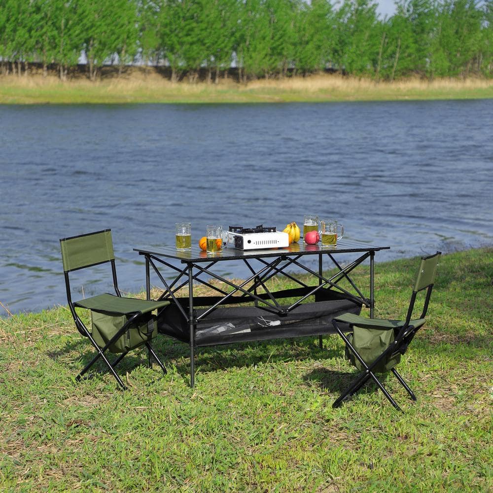 3-Piece, Black/Green Folding Outdoor Table and Chair Set for Outdoor Campin