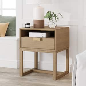 Luke Wood 16" Light Brown Wooden Nightstand Bed Side Table, Side Sofa or End Table with Storage Drawer and Open Cubby