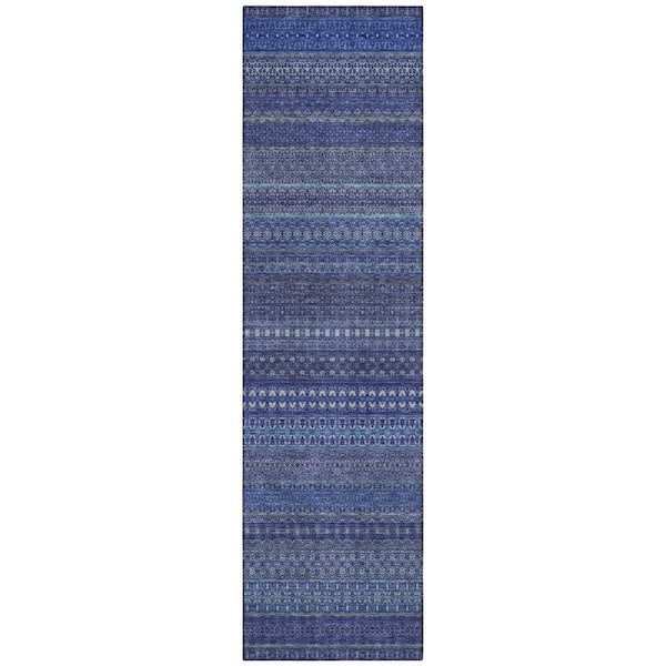 HomeRoots Navy Blue 2 ft. x 8 ft. Woven Striped Polyester Runner Indoor / Outdoor Area Rug