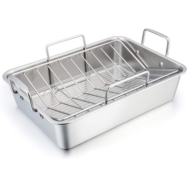 3-Piece Stainless Steel Roasting Pan Set with V Rack and Cooling Rack, Heavy Duty, Deep Side, Dishwasher Safe