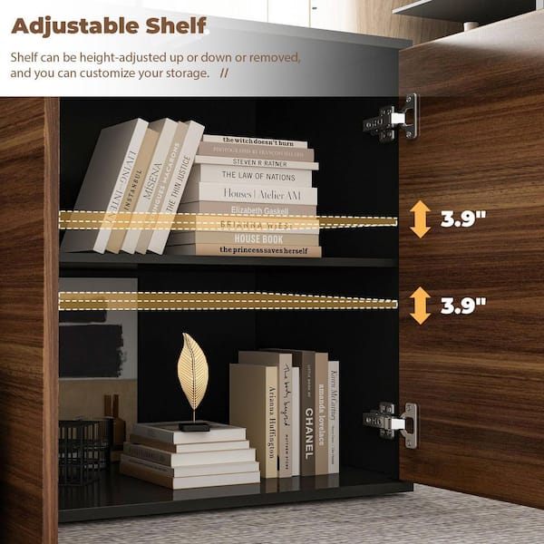 FUFU&GAGA 54.3 in. Reversible L-Shaped Brown Wood Writing Desk Office Workstation With Adjustable Shelves, Drawers, Doors Cabinet KF210181-01 FUFU&GAGA 54.3 in. Reversible L-Shaped Brown Wood Writing Desk Office Workstation With Adjustable Shelves, Drawers, Doors Cabinet KF210181-01