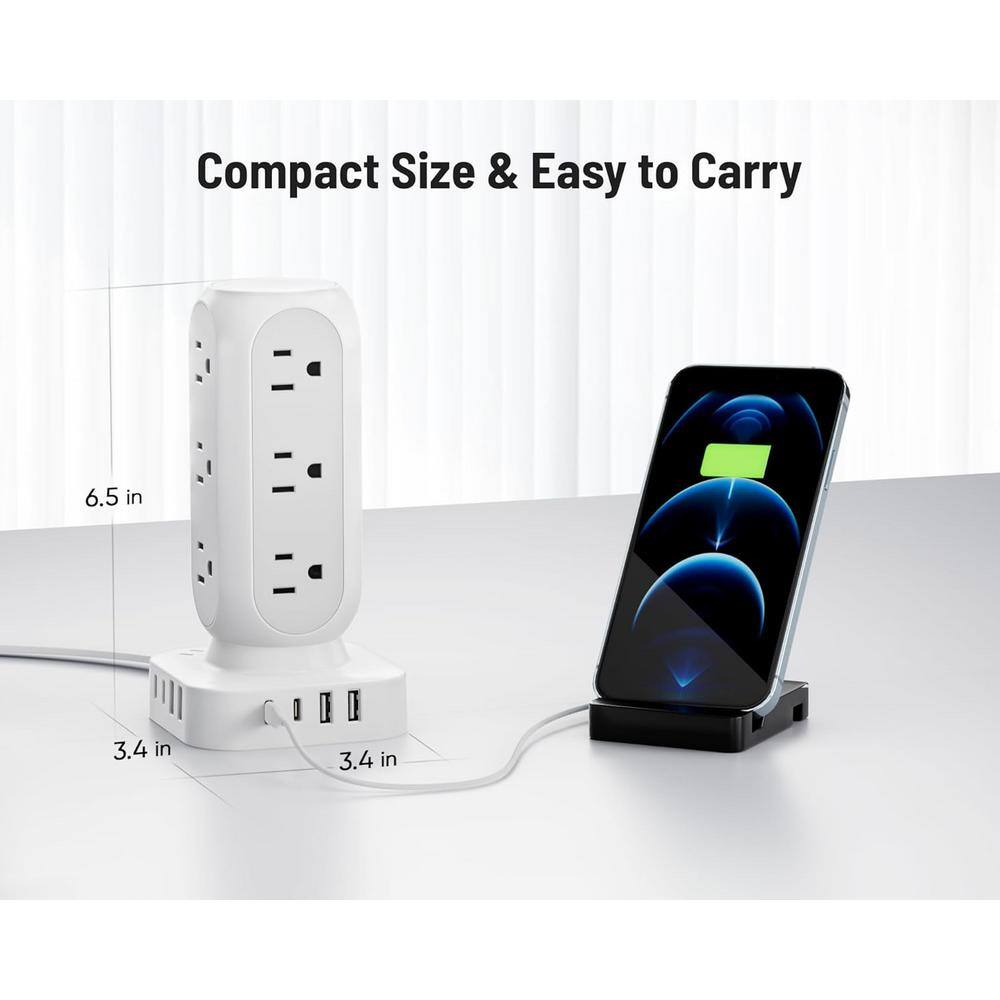 White 12-Outlet Power Strip Tower with 10 ft. Cord