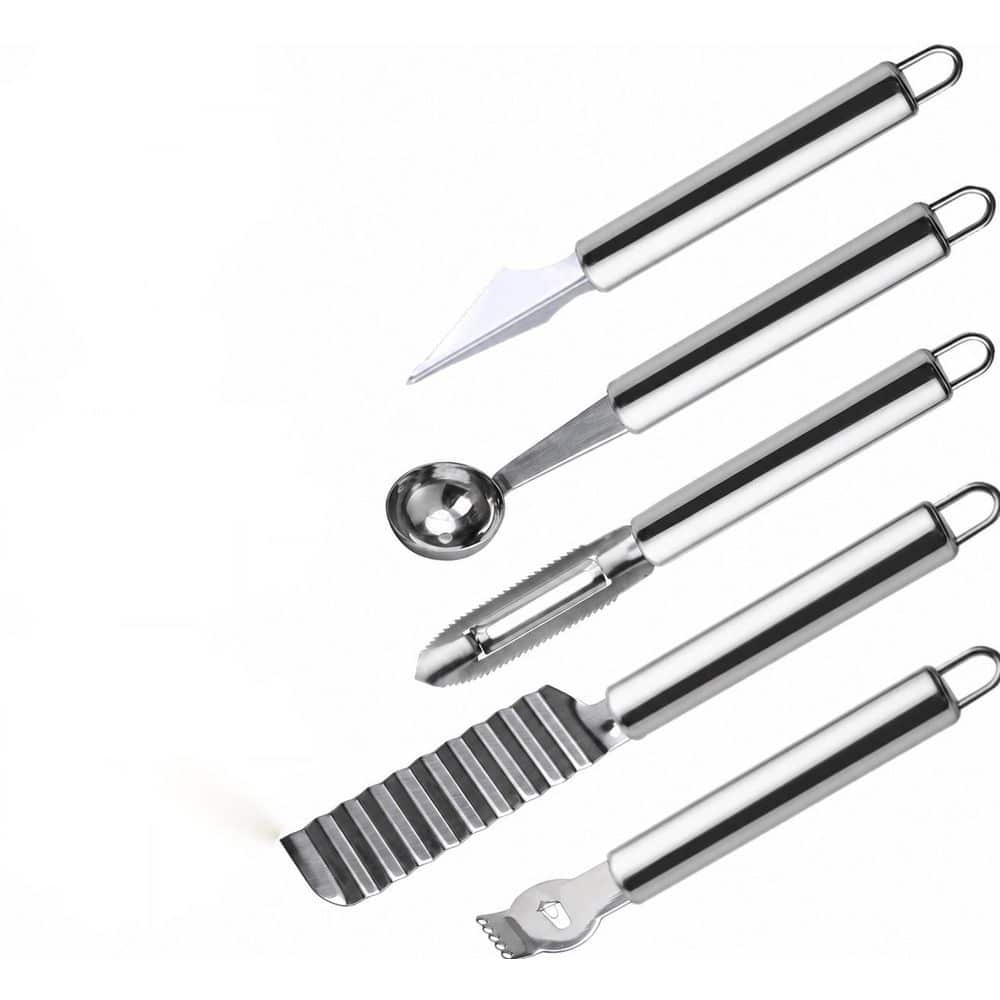 5-Piece Stainless Steel Fruit Carving Knife Set with Melon Baller Crinkle Knife Pulp Separator and Lemon