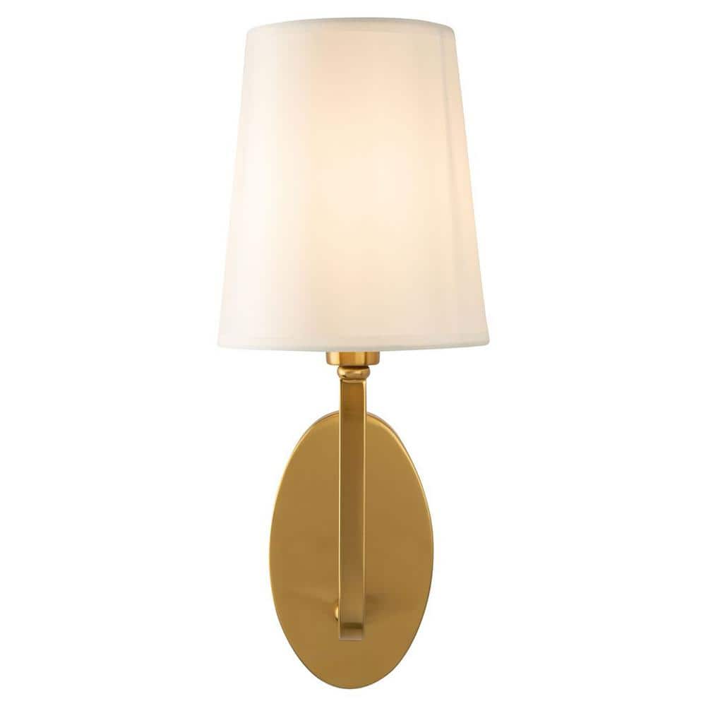 Brushed Gold Cylinder Sconce with White Linen Shade