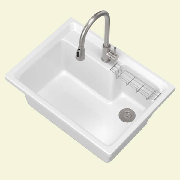 30 in. W x 22 in. D Solid Surface Drop-In Laundry/Utility Sink with Cold Hot Water Faucet and Drain in White