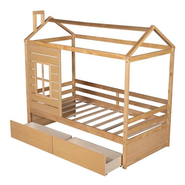 Qualler Natural Twin Size Wood House Bed with 2-Drawers
