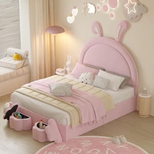 Pink Wood Frame Full Size Velvet Platform Bed with Cartoon Ears and 2 Storage Stools