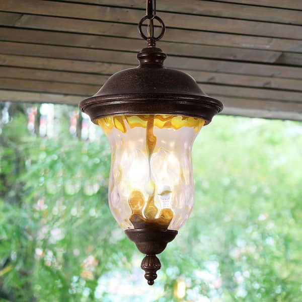 Gloweer 19.3 in. 2-Light Royal Bronze Metal Outdoor Waterproof Pendant Light with Clear Glass Shade, E12 Base, No Bulb Included