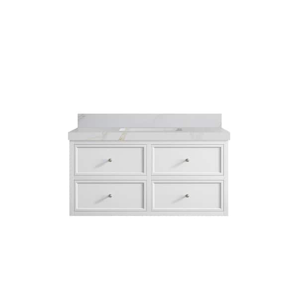 Willow Collections Roswell Floating 42 in. Single Sink Freestanding White Bath Vanity with Calacatta Sienna Qt. Top Unassembled