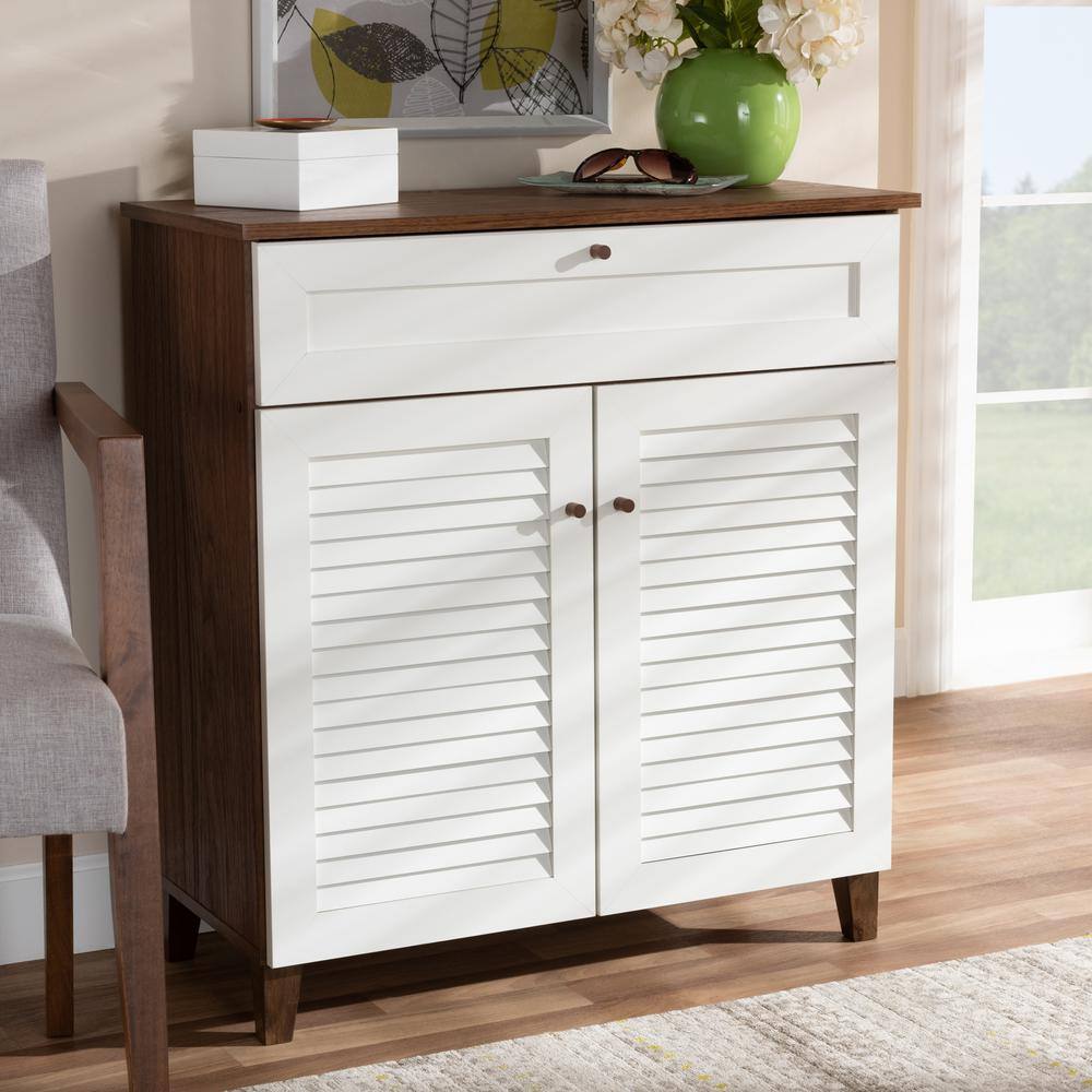 Coolidge White and Walnut Wood Shoe Storage Cabinet with Drawer