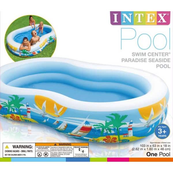 INTEX 63 in. x 18 in. Deep Swim Center Inflatable Paradise Seaside Kids Swimming Pool with Air Pump