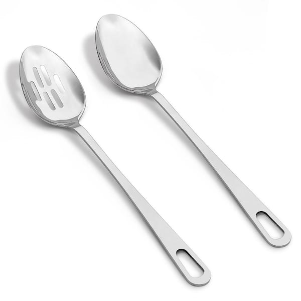 Silver Stainless Steel 13.4 In. Large Solid and Slotted Cooking Serving Spoons Dishwasher Safe (Set of 2)