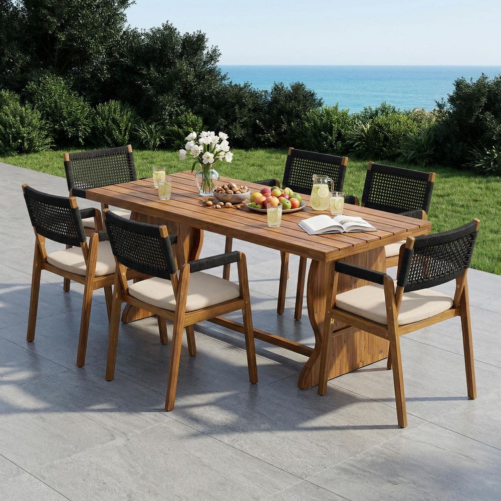 Ria 7-Piece Rectangle Black Solid Wood Top Outdoor Dining Table Set with Beige Cushion (Seats 6) price history on PriceWatchPro