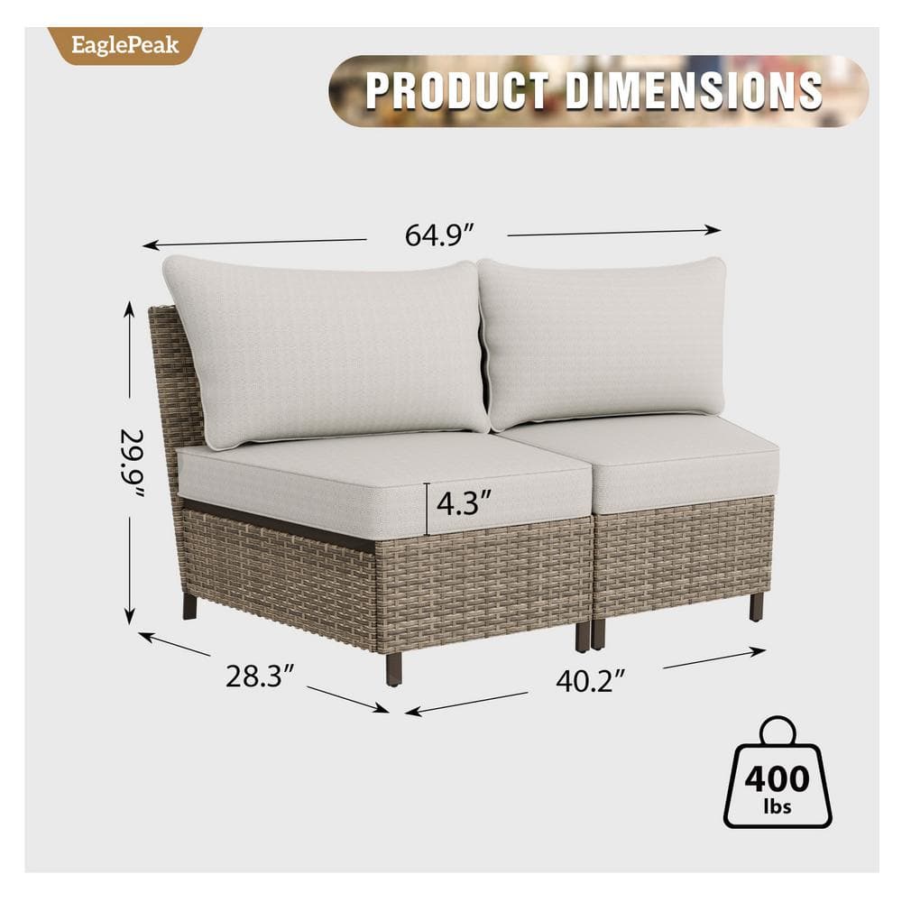 Beige Wicker Armless Outdoor Chairs with Cushions, 2-Piece Set