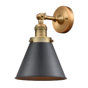 Franklin Restoration Appalachian 8 in. 1-Light Brushed Brass Wall Sconce with Matte Black Metal Shade