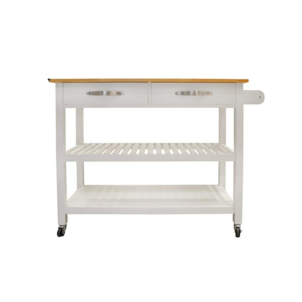White Wood 45 in. Kitchen Island with 2-Lockable Wheels
