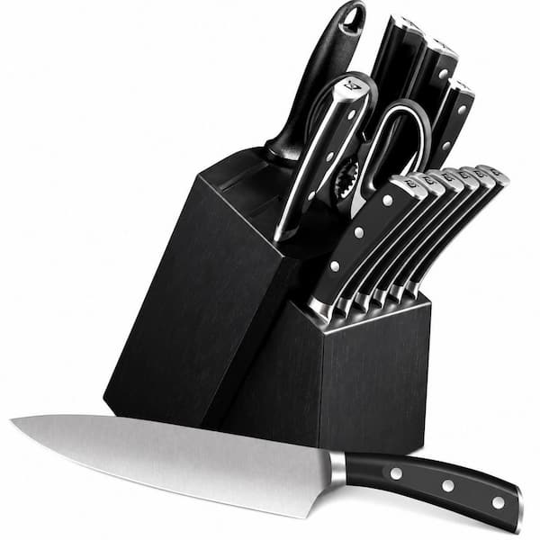 15-Piece High Carbon Stainless Steel Kitchen Knife Set with Block, Sharpener, Scissors, Black