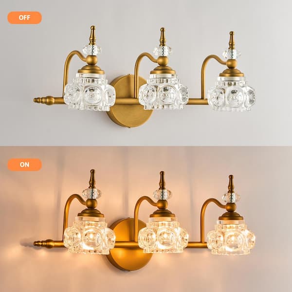 19.7 in. 3-Light Gold Vintage Vanity Light with Flower Crystal Glass Shades, Brass