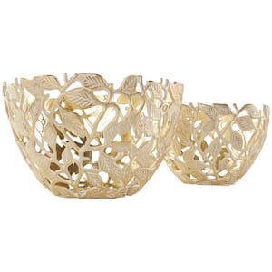 Gold Aluminum Metal Leaf Decorative Bowl with White Detailing Set of 2