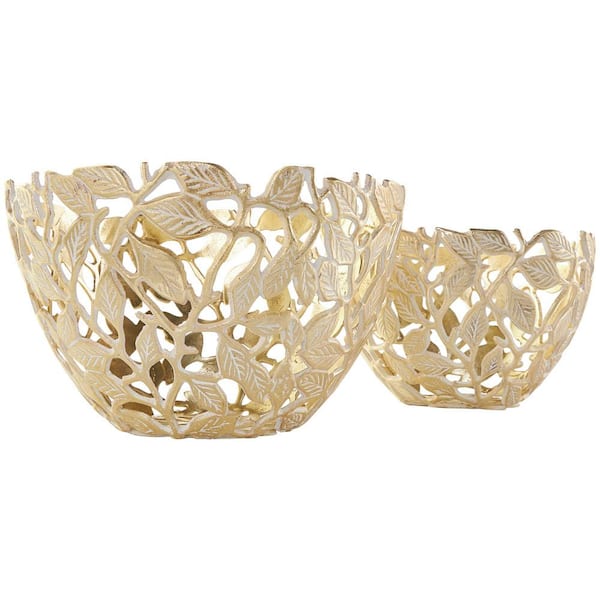 Litton Lane Gold Aluminum Metal Leaf Decorative Bowl with White Detailing Set of 2