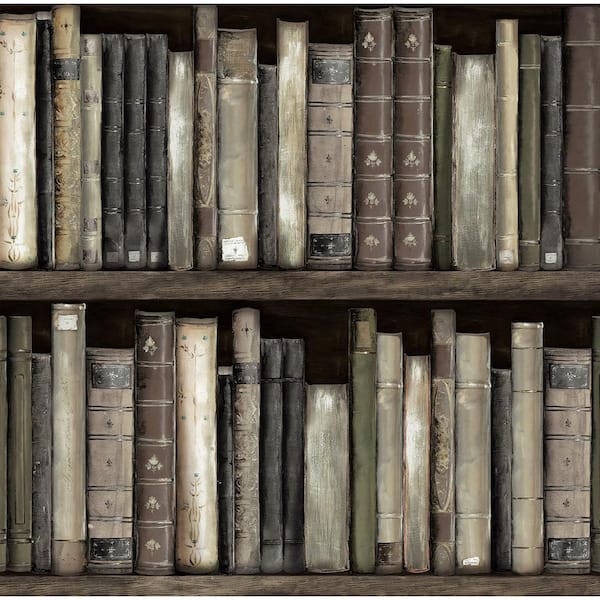 30.75 sq. ft. Shale Faux Bookshelves Vinyl Peel and Stick Wallpaper Roll