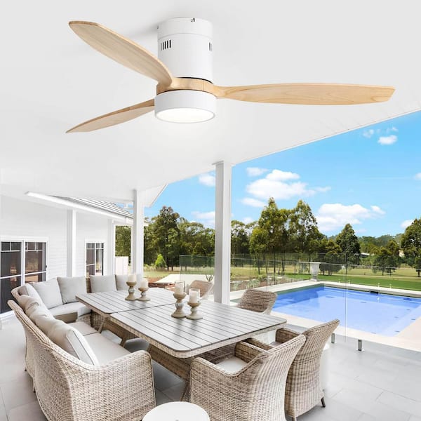 52 in. Integrated LED Indoor/Outdoor Solid Wood White Propeller Flush Mount Ceiling Fan w/ Light Kit and Remote Control