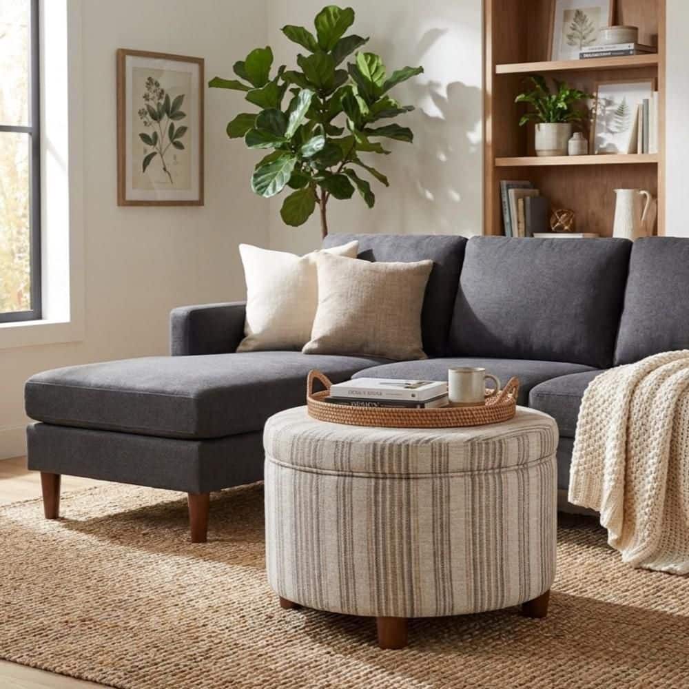 Large Gray Striped Pattern Fabric Round Ottoman with Storage price history on PriceWatchPro